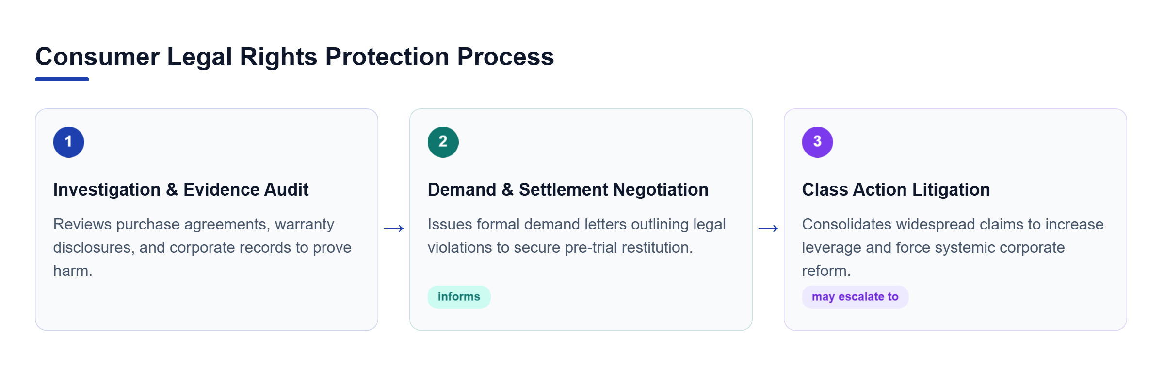 Diagram: Horizontal process flow depicting investigation and evidence gathering followed by demand negotiation and potential class action litigation.