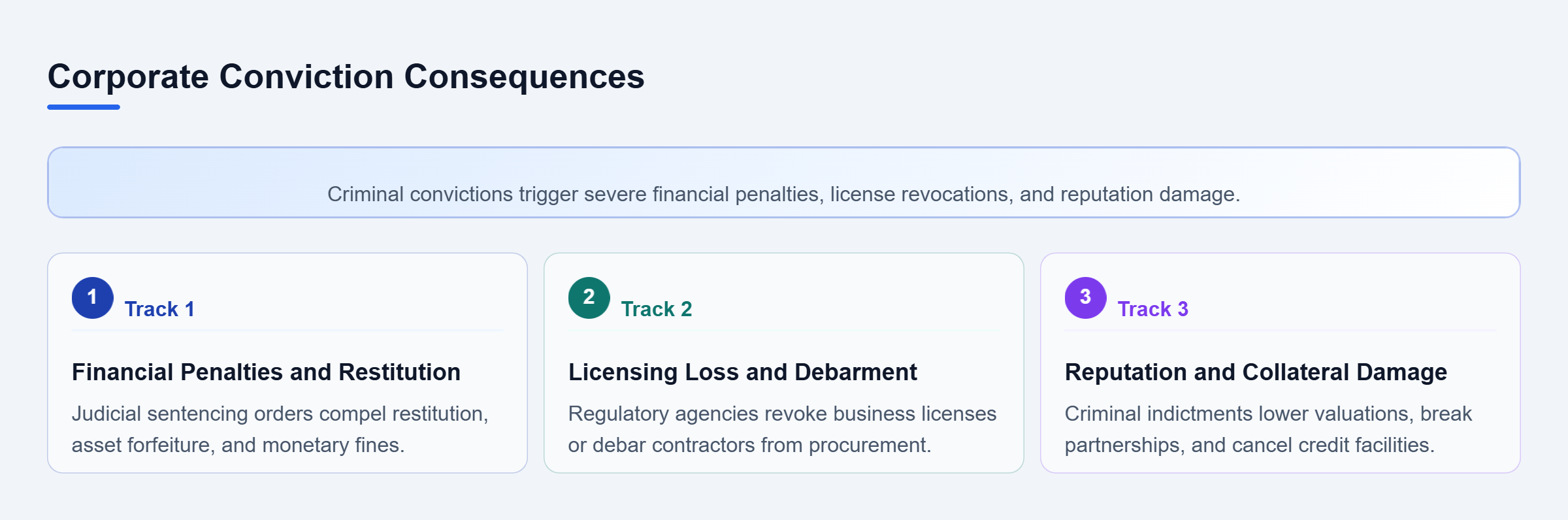 Diagram: Vertical checklist displaying the financial, operational, and collateral consequences of corporate crime convictions.