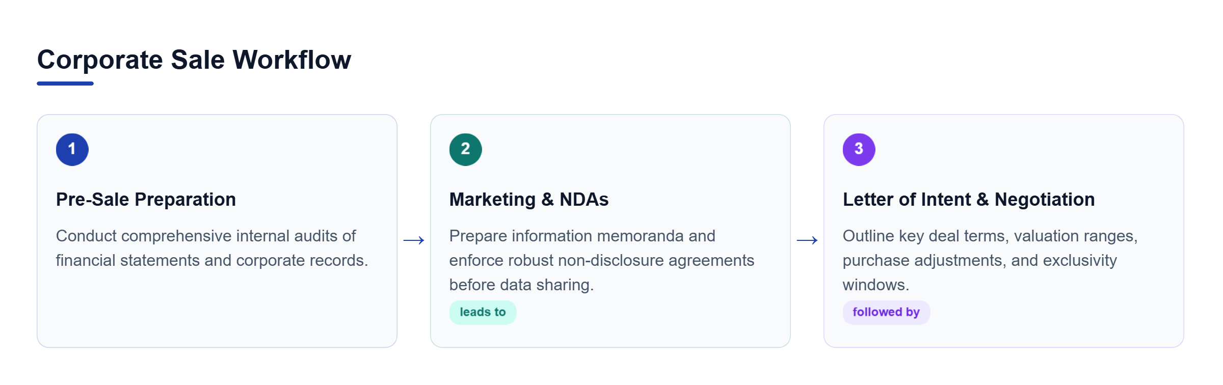 Diagram: Horizontal process flow depicting the pre-sale preparation, internal audit, marketing, and letter of intent phases.