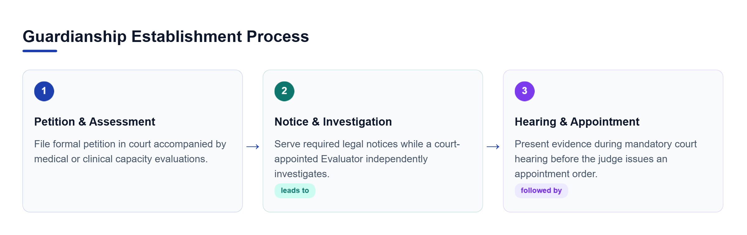 Diagram: Horizontal process flow showing petition filing, notice and investigation by a Court Evaluator, and the court hearing.