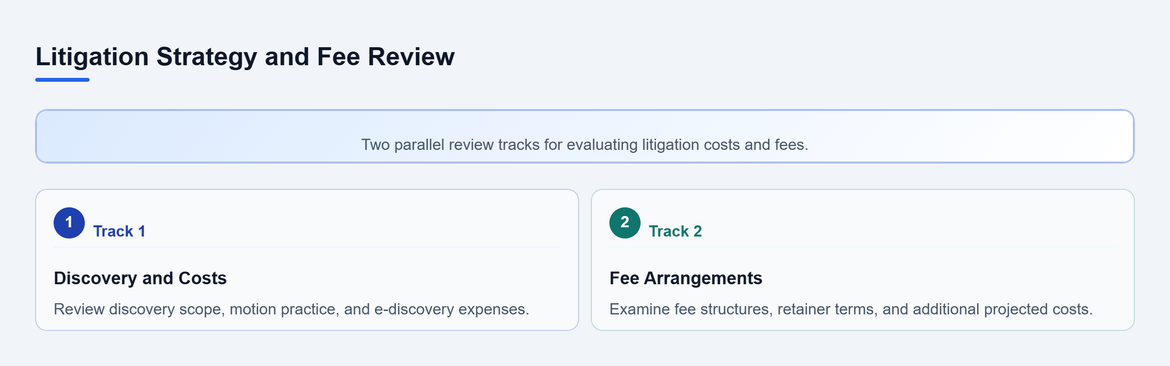 Diagram: Vertical checklist showing discovery management and fee structure evaluation tracks.