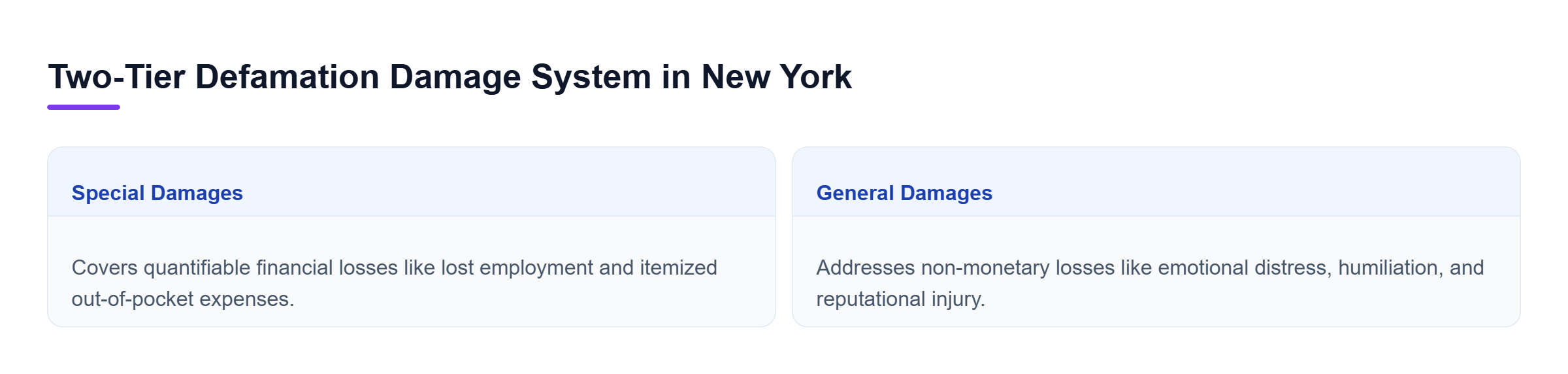 Diagram: Horizontal comparison showing special damages for quantifiable financial losses versus general damages for non-monetary harm like emotional distress.