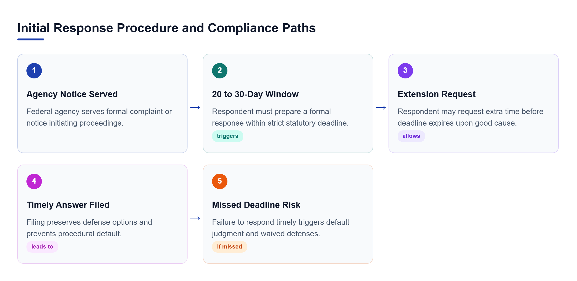 Diagram: Linear process flow showing agency service, response evaluation, extension request path, and default judgment risk upon missed deadlines.