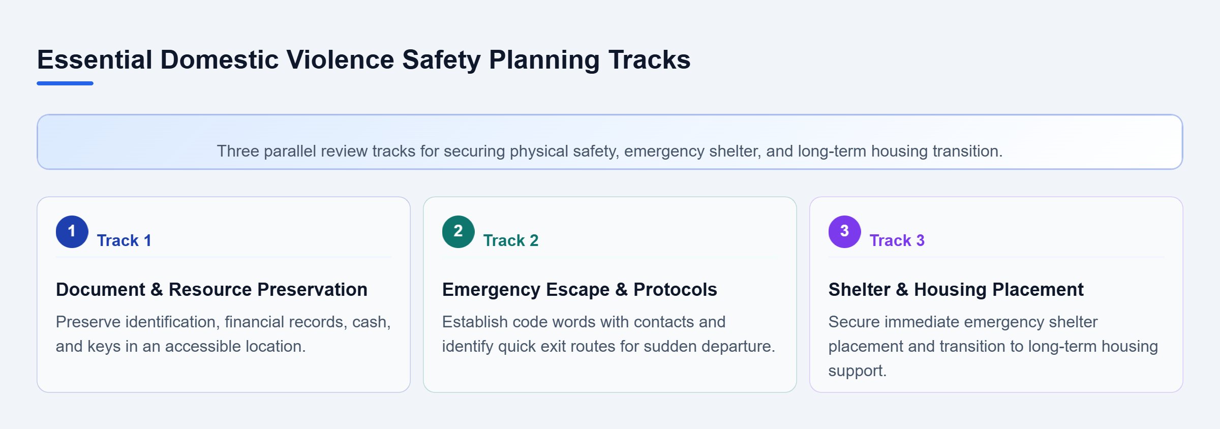 Diagram: Safety planning checklist covering personal document preservation, emergency communication, and shelter placement.
