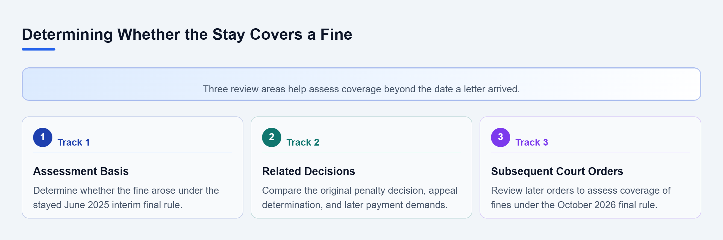 Diagram: Parallel review of the assessment basis, related decisions, and subsequent court orders helps determine whether the stay covers a fine.