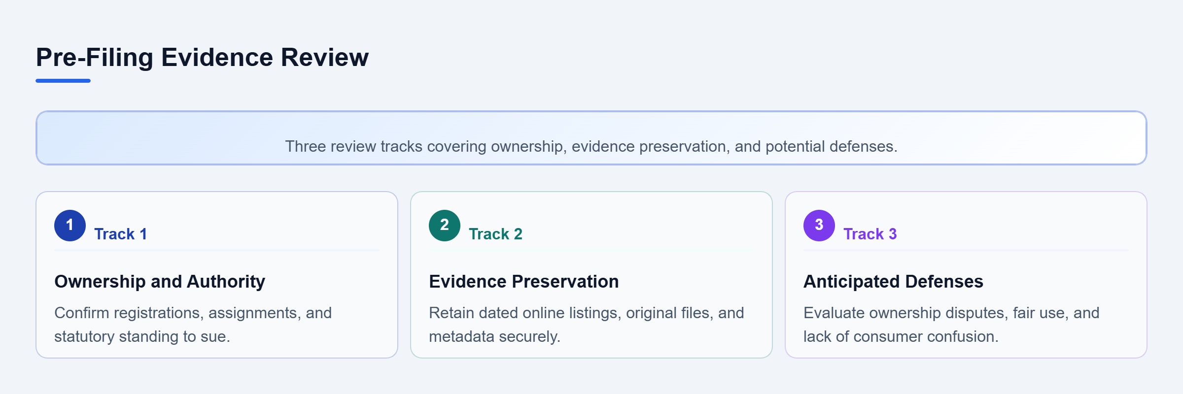 Diagram: Three parallel checklist tracks for evaluating ownership, ongoing activity records, and anticipated defenses before filing an IP claim.