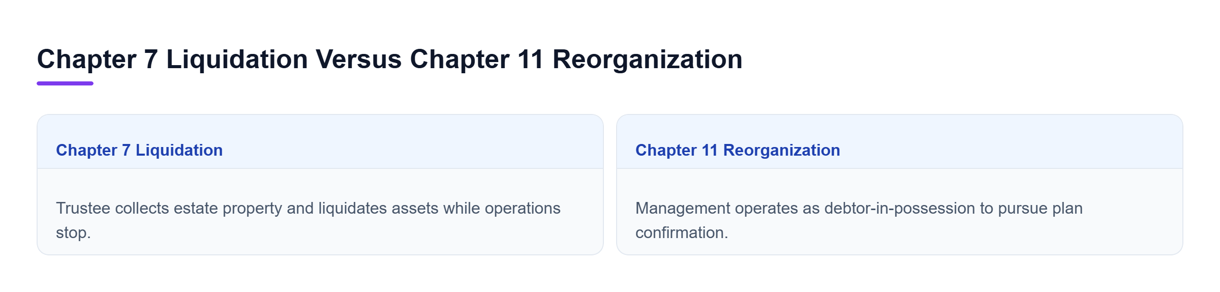 Diagram: Comparison of Chapter 7 liquidation and Chapter 11 reorganization processes.