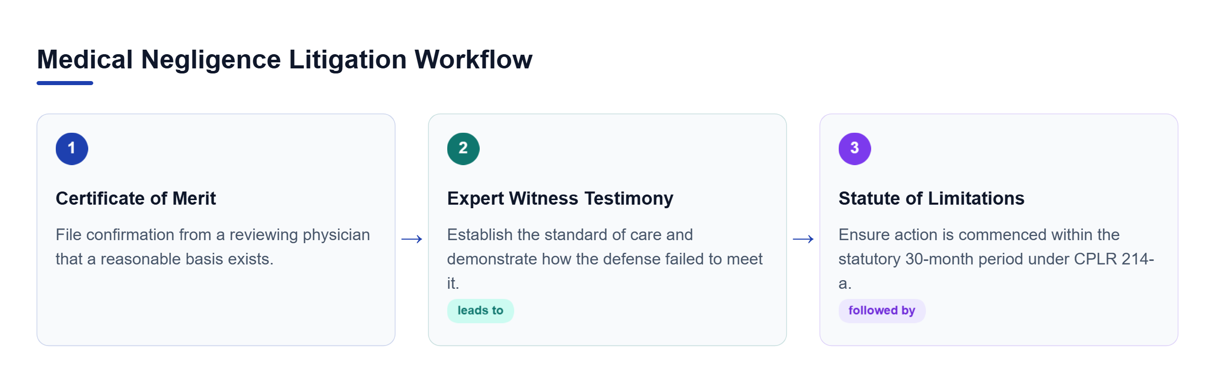 Diagram: A horizontal process flow showing the certificate of merit filing, expert witness testimony, and statute of limitations compliance.