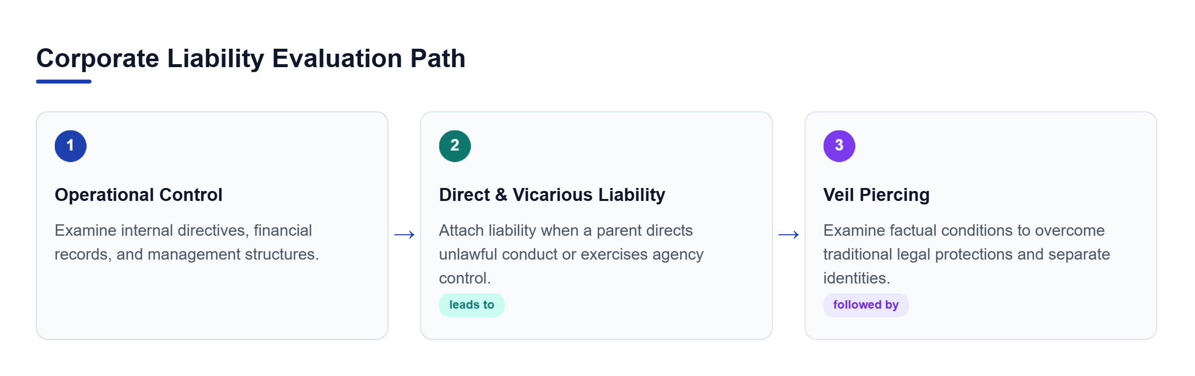 Diagram: A horizontal process flow showing parent company operational control, direct and vicarious liability, and veil piercing.