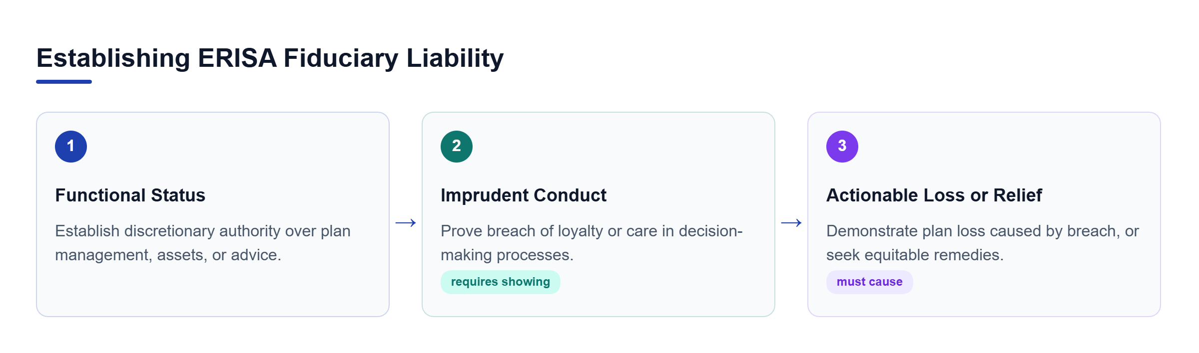 Diagram: A 3-step process showing Functional Status leading to Imprudent Conduct, which causes Actionable Losses or Relief.