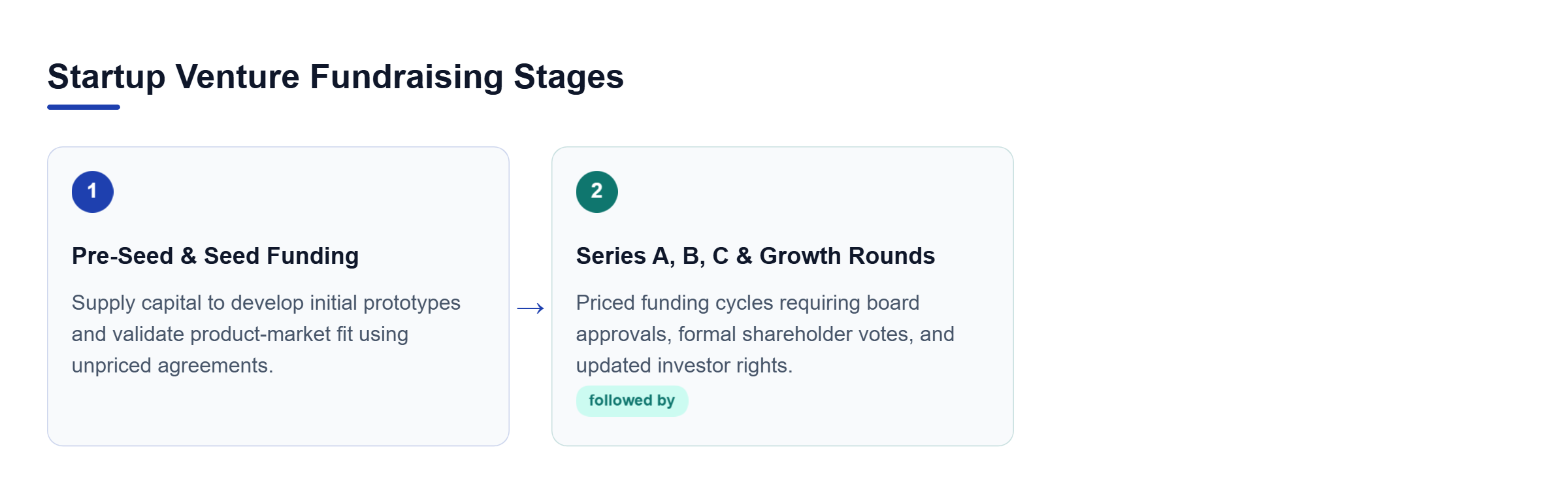 Diagram: A horizontal process flow showing pre-seed and seed funding rounds followed by Series A, B, C, and late-stage growth rounds.
