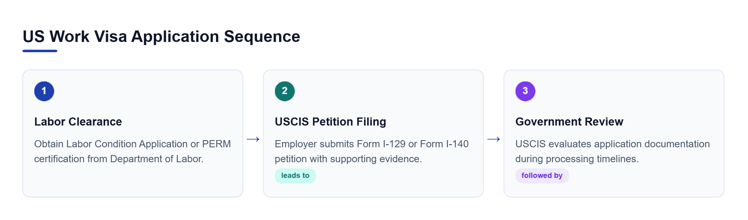 Diagram: Process flow outlining Labor Clearance, USCIS Petition Filing, and Consular or Status Review for US work visa applications.