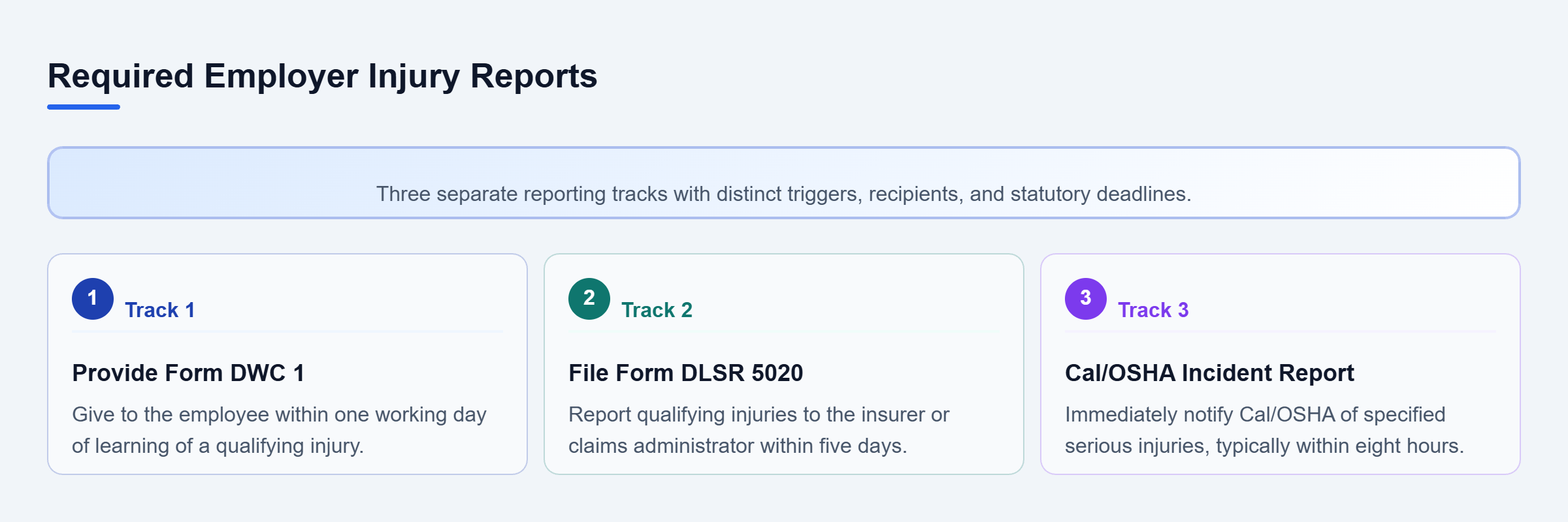 Diagram: Diagram showing three parallel reporting tracks: Form DWC 1, Form DLSR 5020, and Cal/OSHA notification.