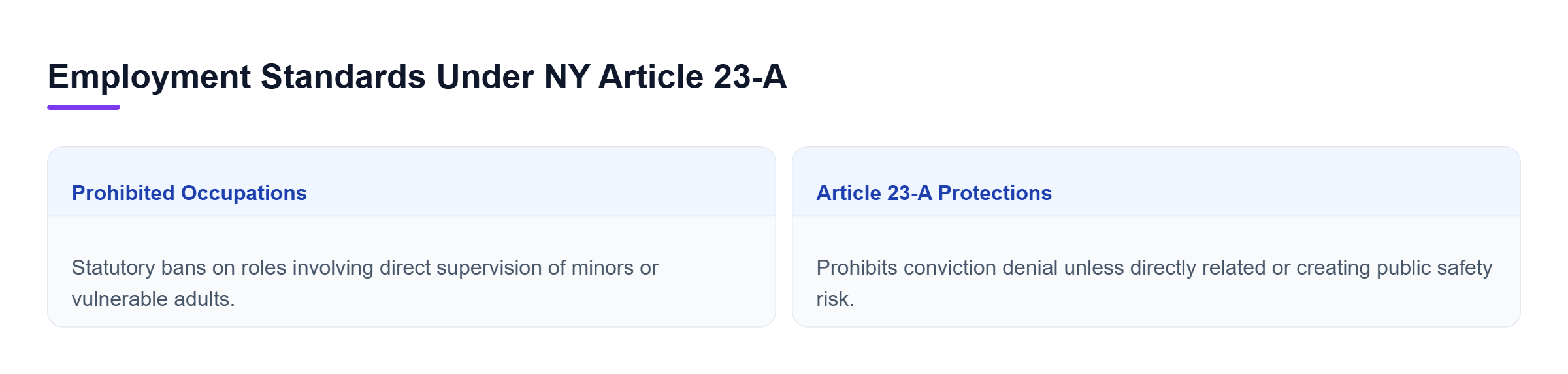 Diagram: Comparison showing prohibited occupations involving minors alongside NY Article 23-A protections prohibiting unfair conviction discrimination.