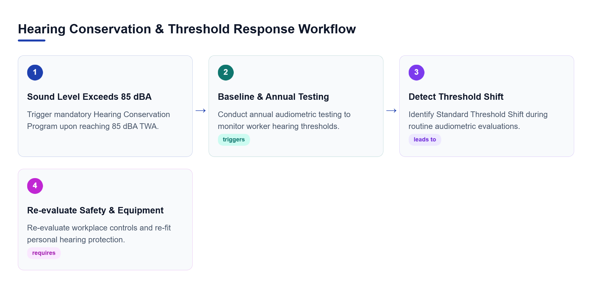 Diagram: Process flow starting with continuous sound monitoring above 85 dBA, baseline audiometric testing, threshold shift detection, and safety re-evaluation.