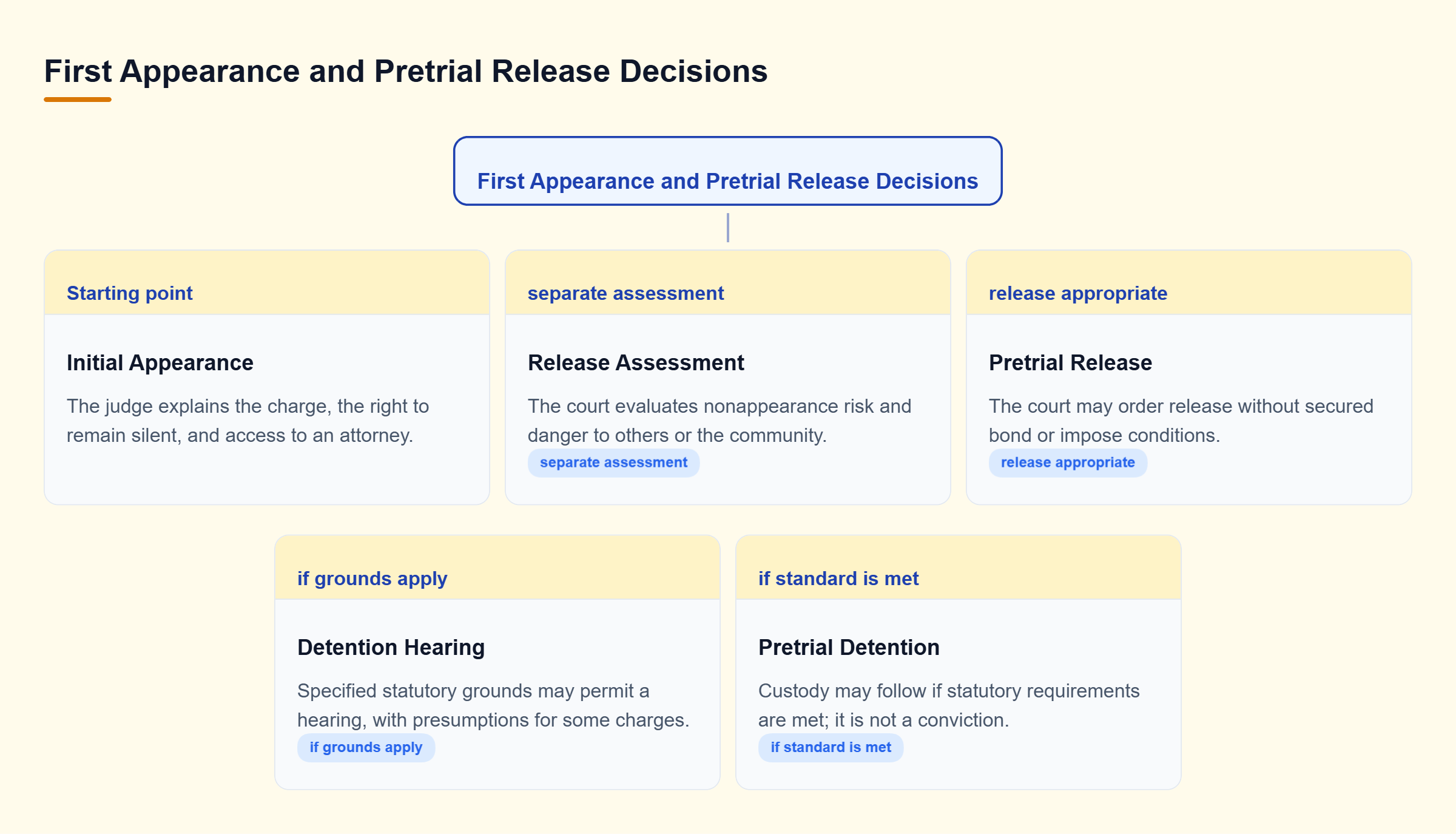 Diagram: The first appearance covers charges, rights, and representation. A separate assessment considers nonappearance and safety risks, leading to release or possible detention.