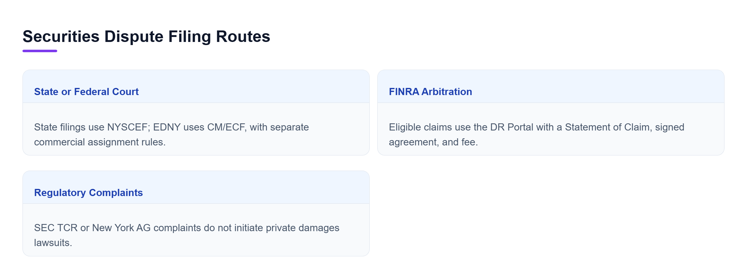 Diagram: Court claims use NYSCEF or CM/ECF, FINRA arbitration uses the DR Portal, and SEC or New York AG complaints follow separate regulatory procedures.