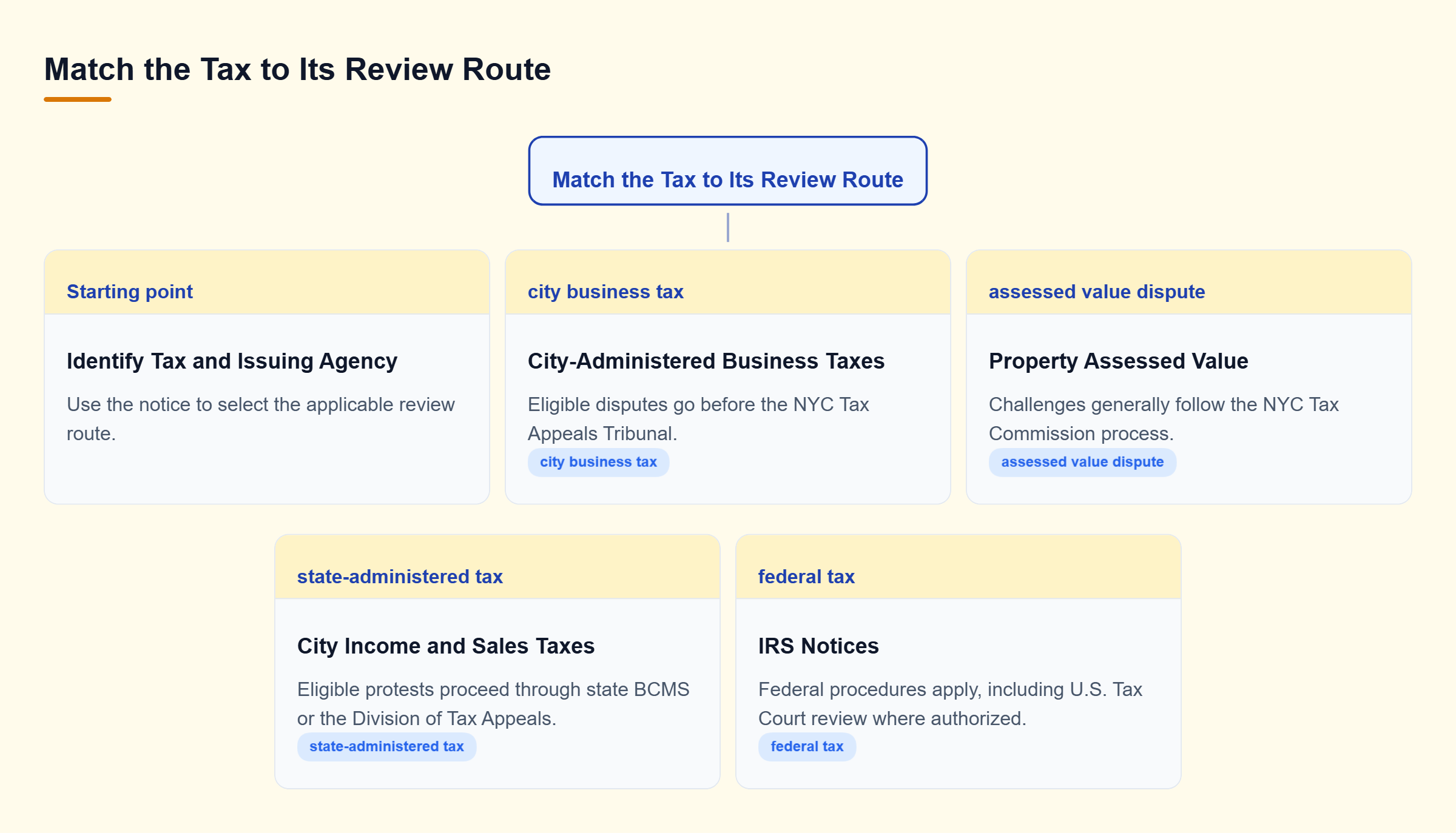 Diagram: City business taxes, property assessments, state-administered taxes, and IRS notices follow distinct review routes.