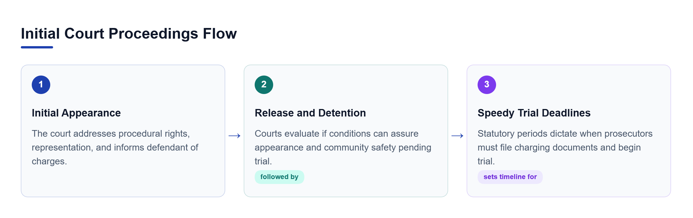 Diagram: A process flow showing initial proceedings starting with an appearance, followed by release decisions, and leading to speedy trial deadlines.
