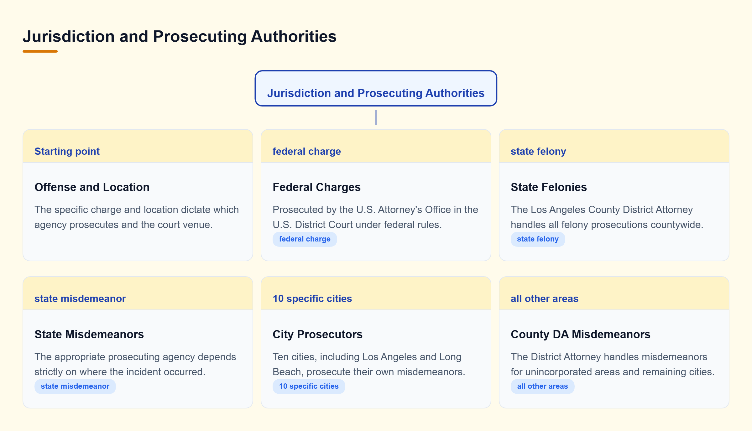 Diagram: Decision tree showing how federal charges, state felonies, and state misdemeanors are assigned to the U.S. Attorney, District Attorney, or City Prosecutors.