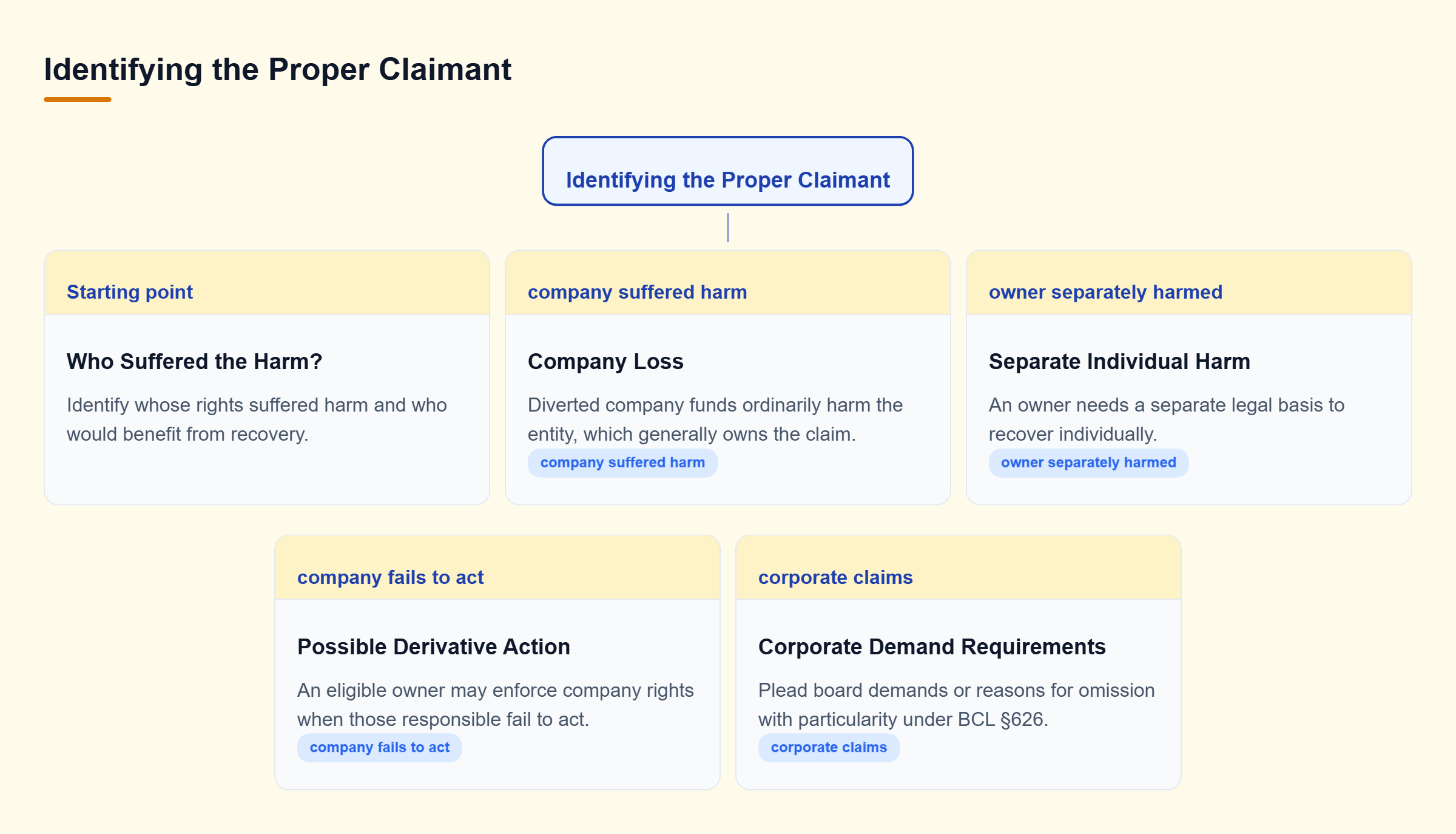 Diagram: Company losses generally support company claims or eligible derivative actions; separate individual harm requires an independent legal basis.