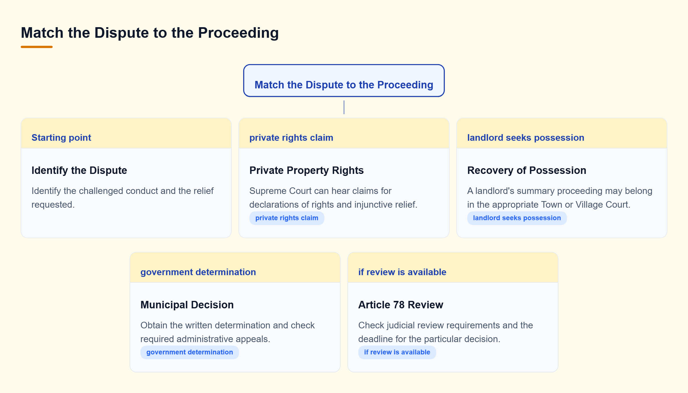 Diagram: Private rights claims may proceed in Supreme Court, possession cases in local courts, and municipal challenges through administrative and judicial review.