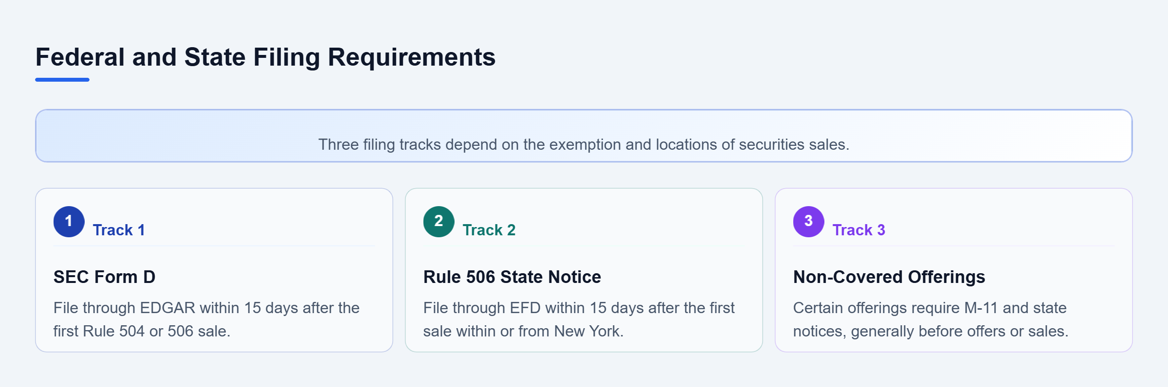 Diagram: Three parallel filing tracks compare SEC Form D, New York Rule 506 notices, and non-covered offering registration requirements.