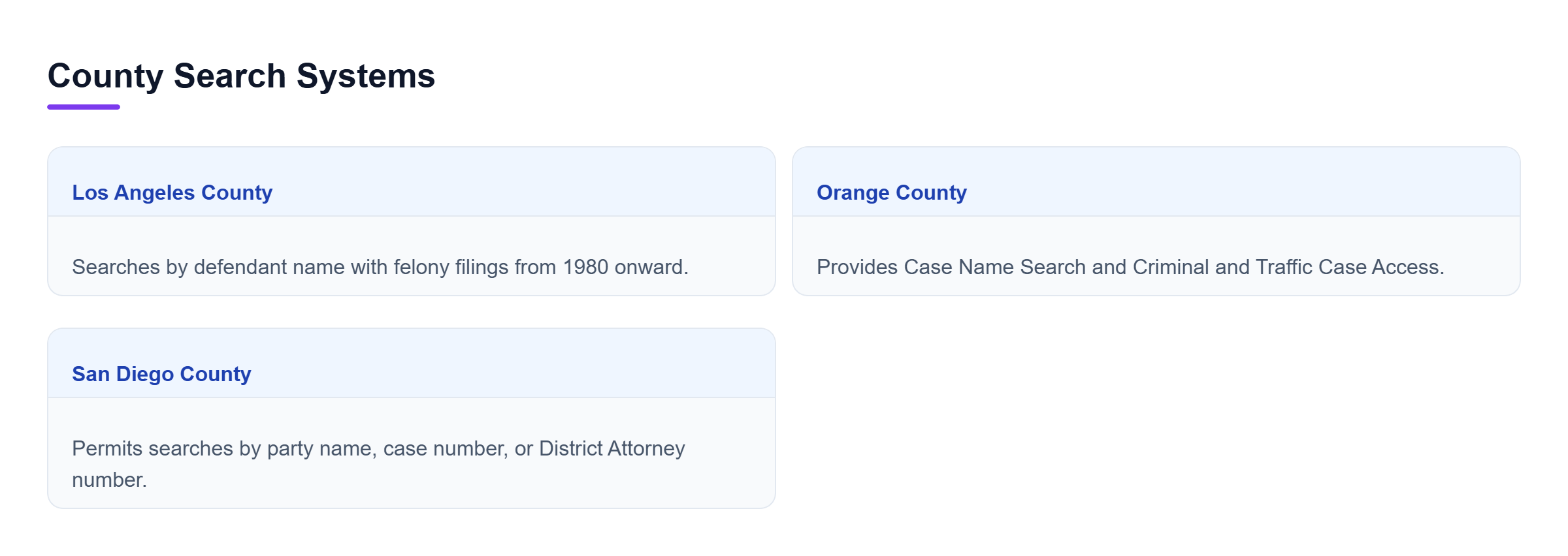 Diagram: Comparison of Los Angeles, Orange, and San Diego county criminal record search systems.