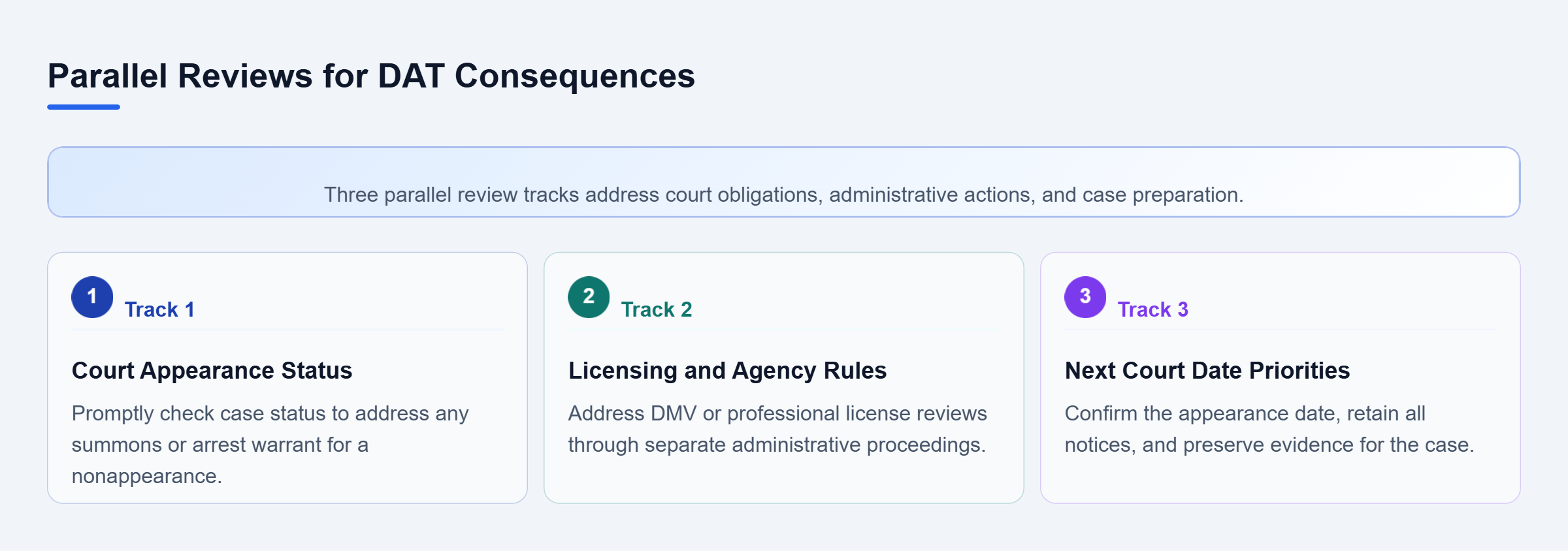 Diagram: A framework showing three parallel review tracks for court appearance status, licensing consequences, and case priorities.