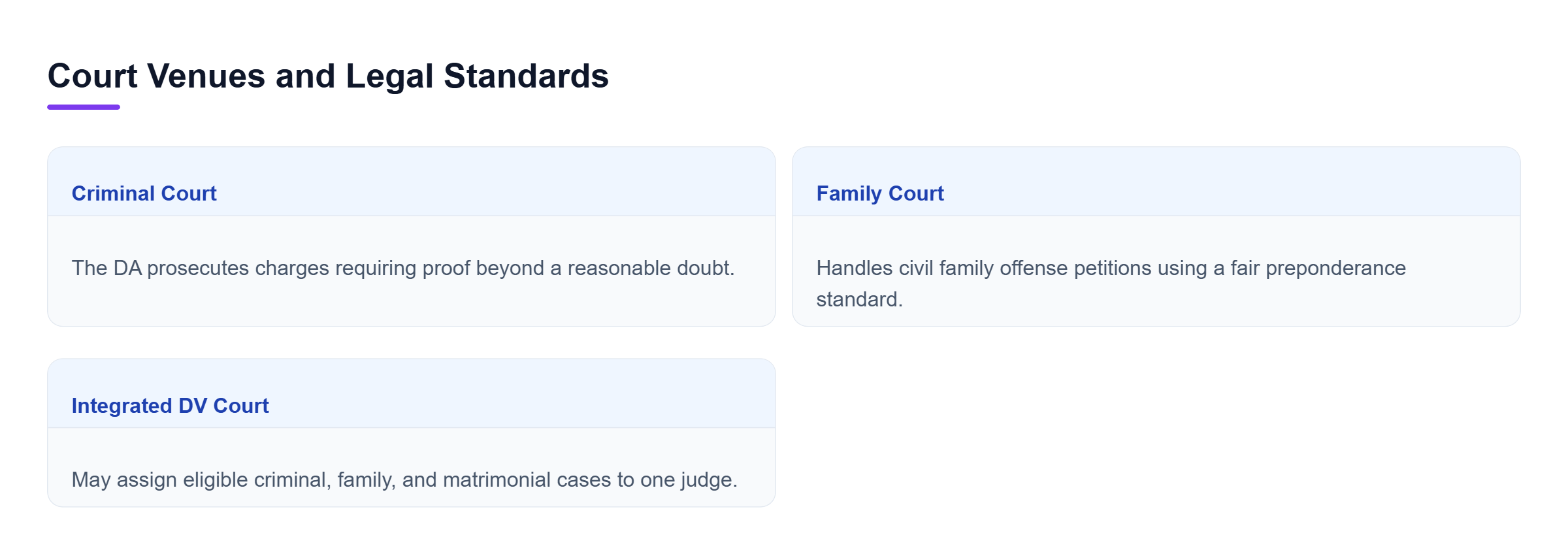 Diagram: A comparison of Criminal Court, Family Court, and Integrated Domestic Violence Court detailing their different procedures and proof standards.