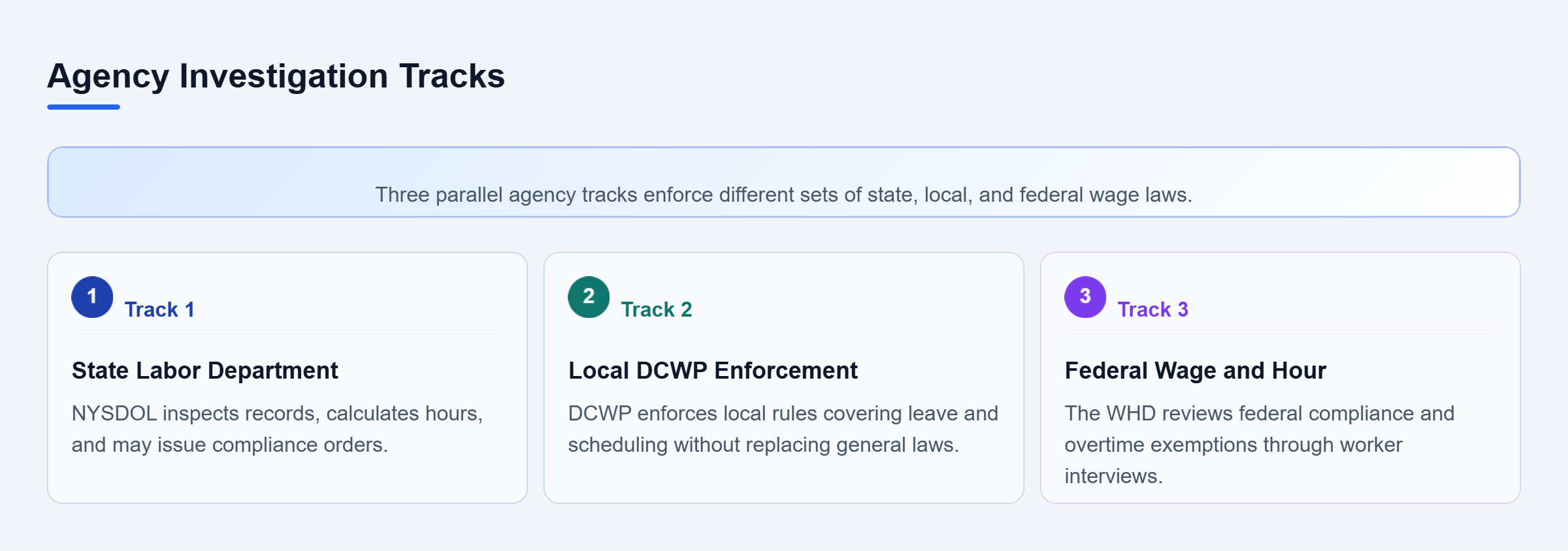 Diagram: Three parallel enforcement tracks representing State NYSDOL, Local DCWP, and Federal WHD wage investigations.