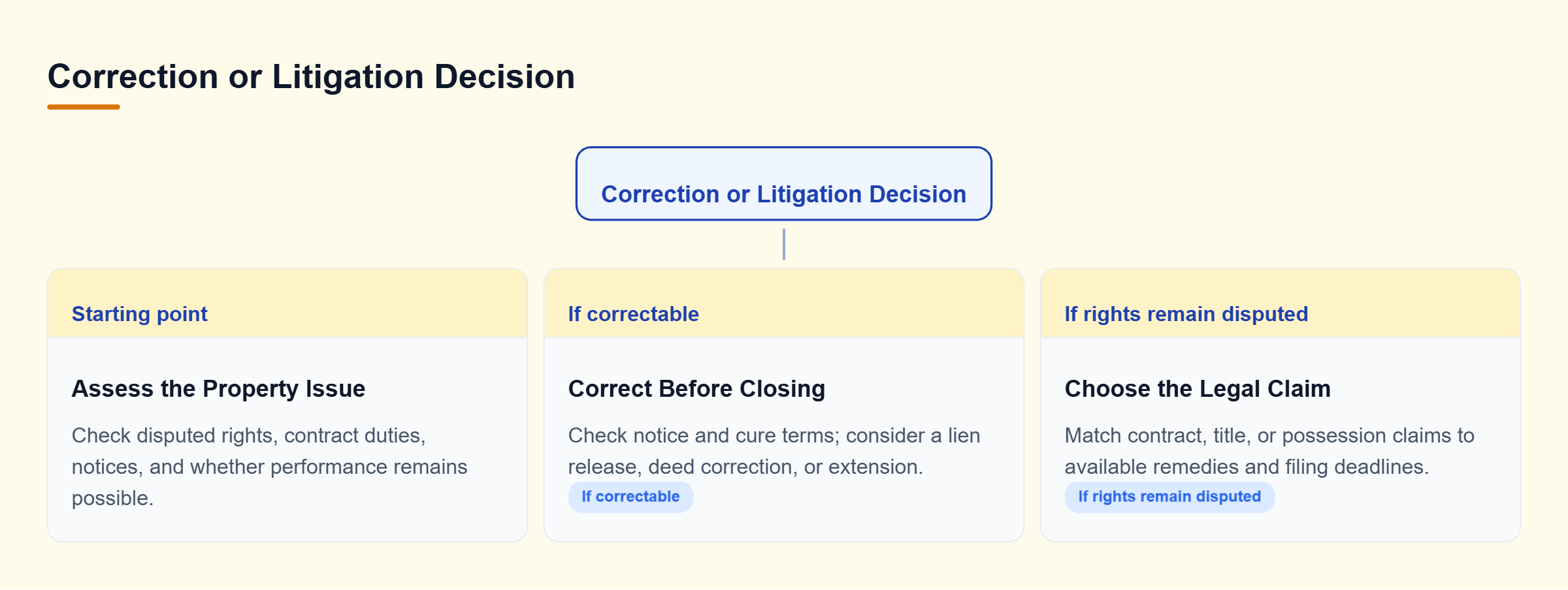 Diagram: Decision tree showing how a curable issue may be addressed before closing, while unresolved contractual, title, or possession disputes may require separate legal claims.