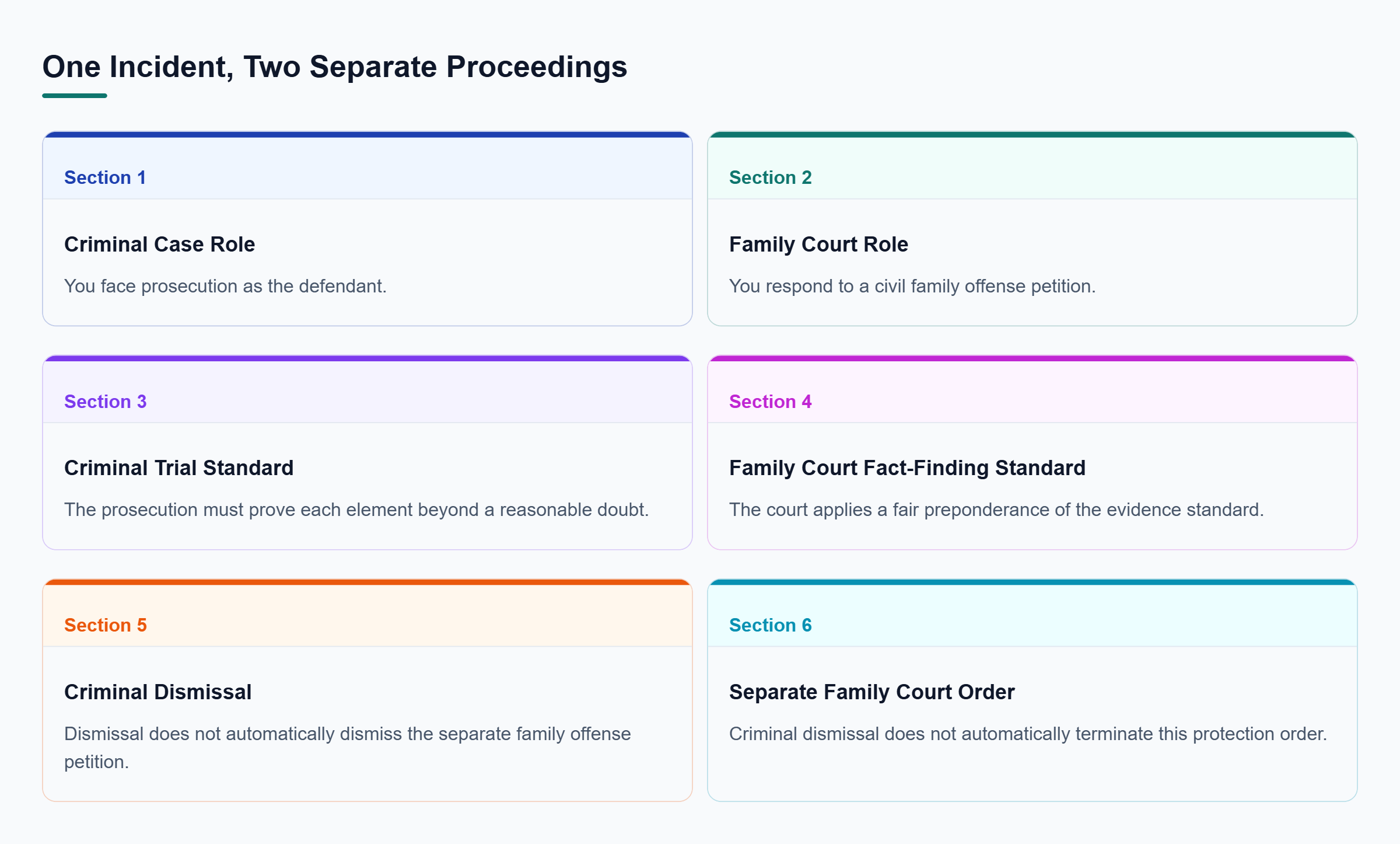 Diagram: The same incident may support criminal and Family Court cases with different roles and proof standards; criminal dismissal does not automatically end the civil case.