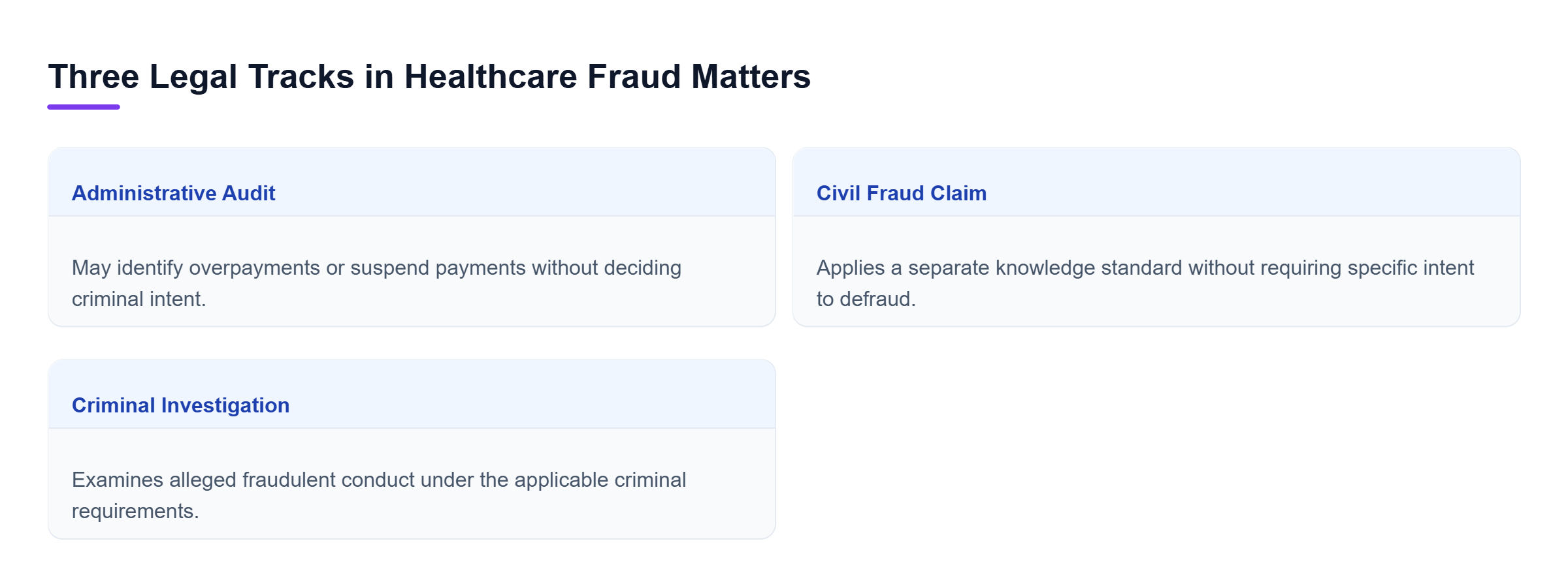 Diagram: Audit proceedings may address overpayments and payment suspension, civil claims apply separate liability standards, and criminal investigations examine alleged fraudulent conduct.
