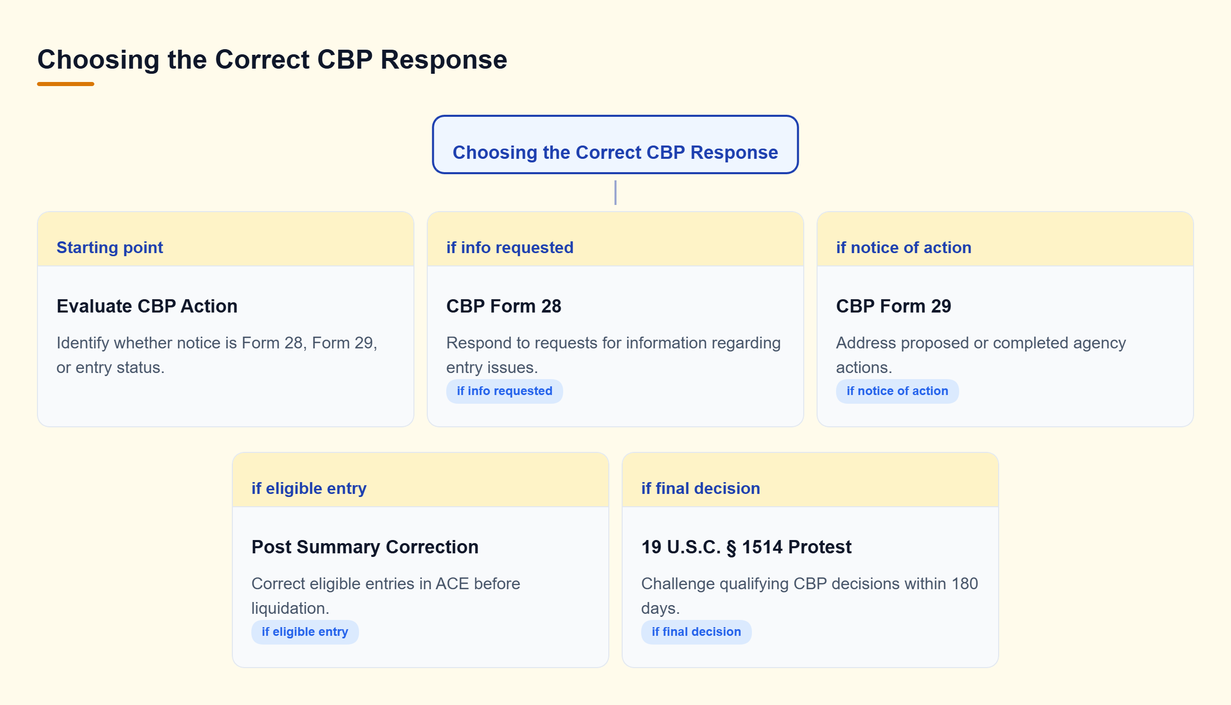 Diagram: Decision tree showing responses for CBP Form 28, Form 29, Post Summary Correction, and protests.