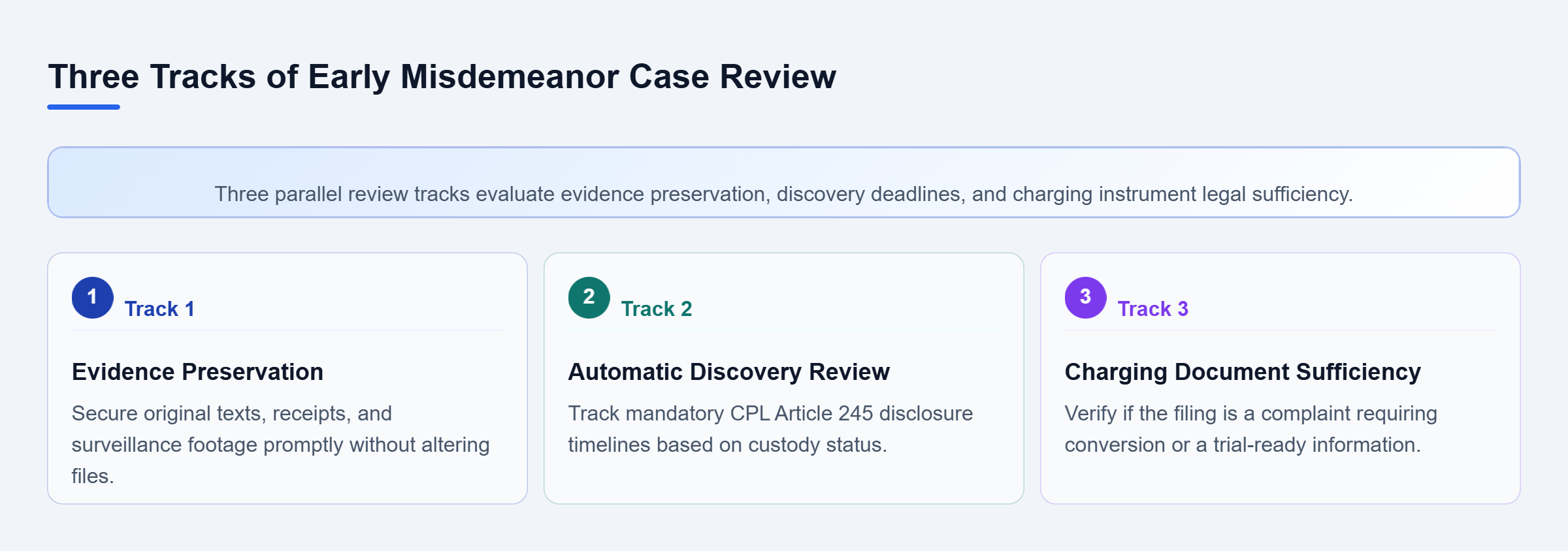 Diagram: Three vertical tracks for early case review: Evidence Preservation, Automatic Discovery Review, and Charging Document Sufficiency.