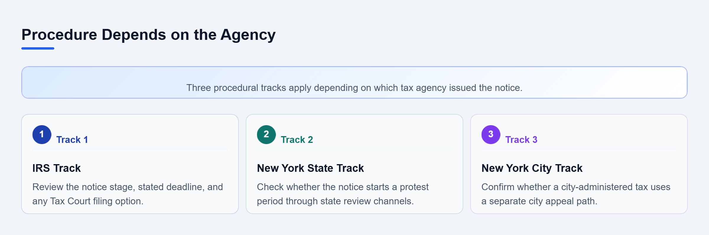 Diagram: A vertical checklist diagram with three parallel tracks: IRS, New York State Tax Department, and New York City Department of Finance, each with its own notice and review path.