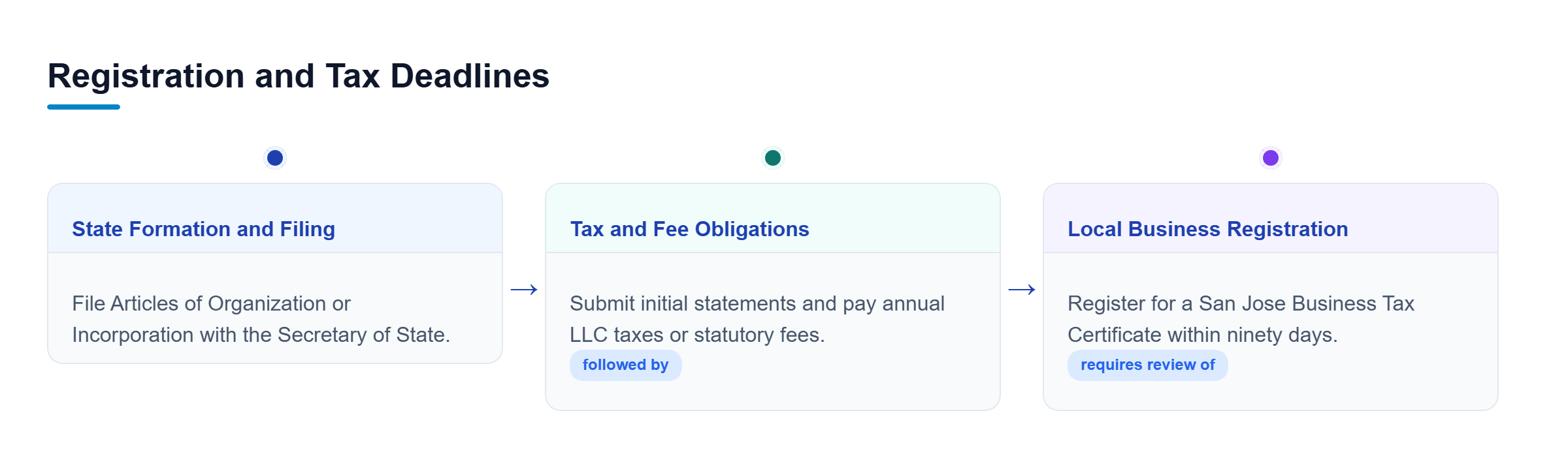 Diagram: Process flow showing state formation filings, tax schedules, and municipal registration steps.