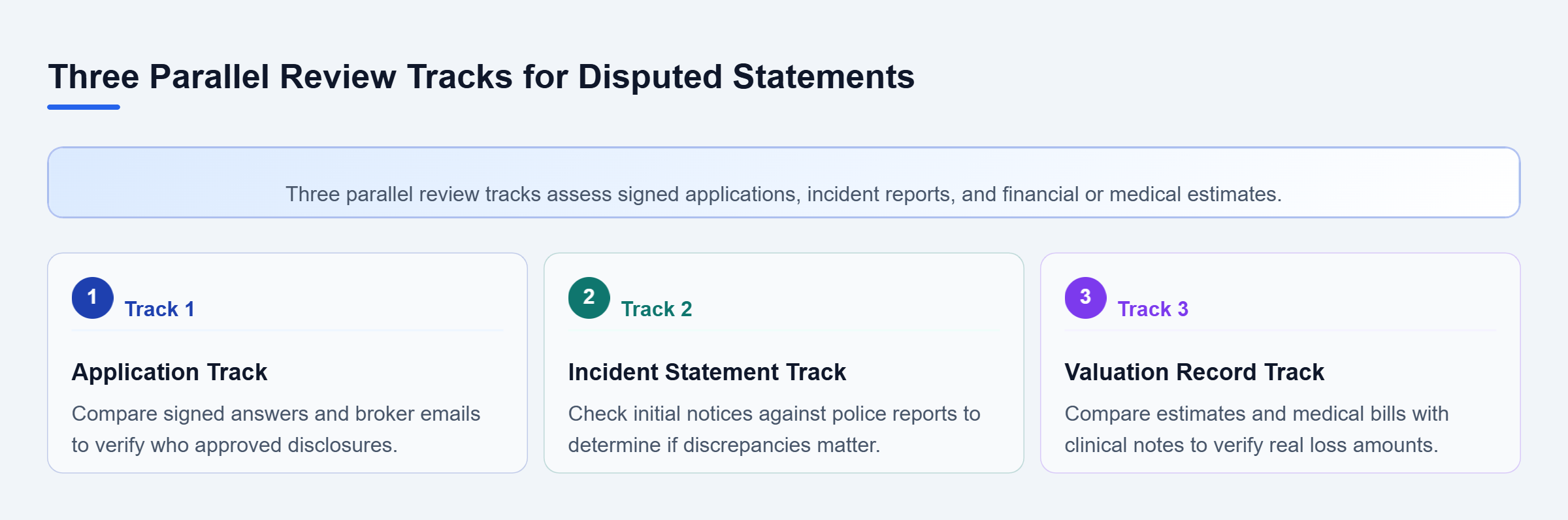 Diagram: A vertical checklist detailing three parallel review tracks for applications, incident reports, and valuation records.