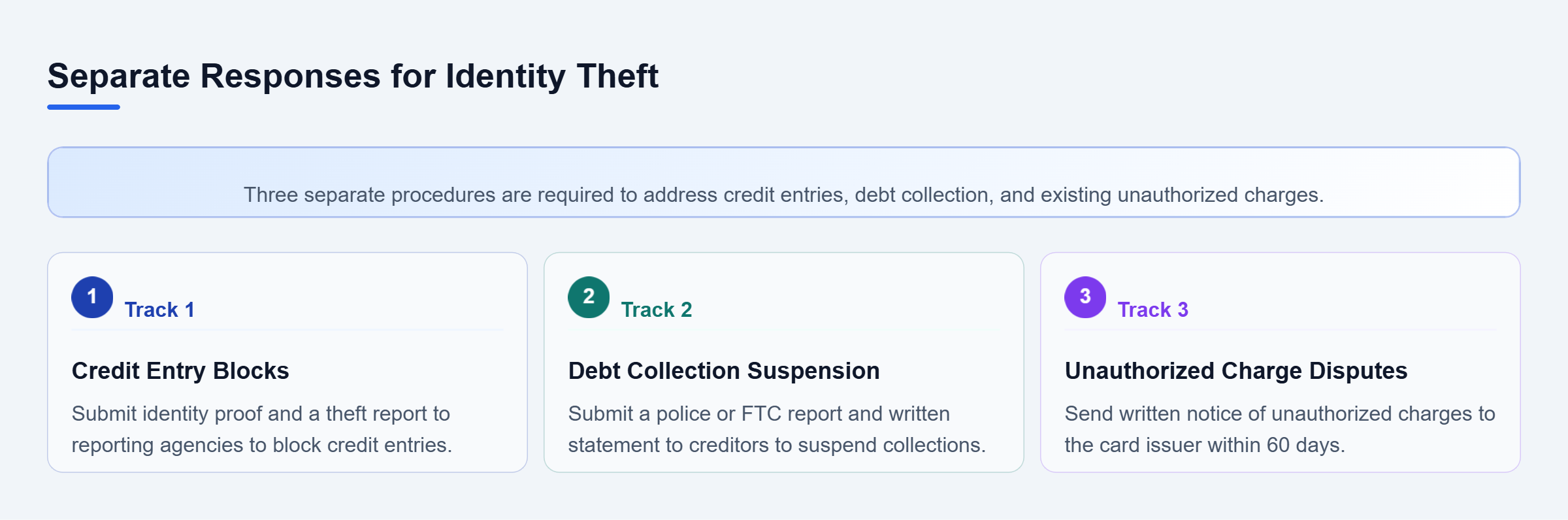 Diagram: Diagram showing three parallel tracks for resolving identity theft: requesting credit blocks, suspending debt collection, and disputing charges.
