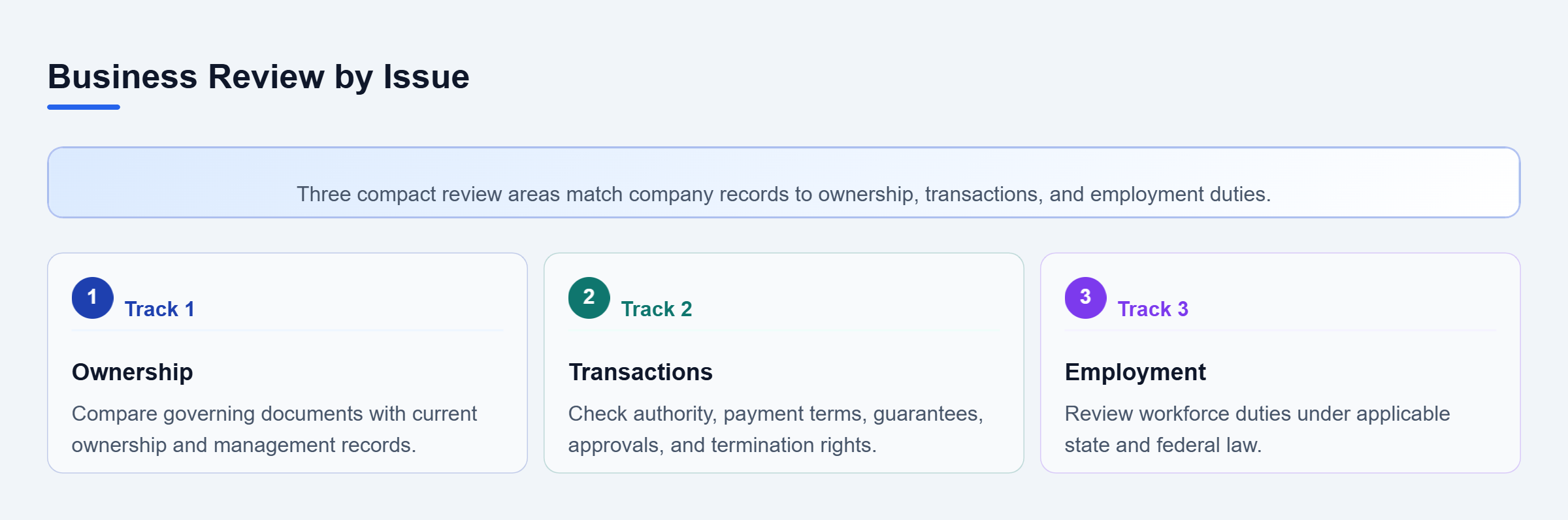 Diagram: Three vertical review areas cover ownership records, major transactions, and employment obligations.