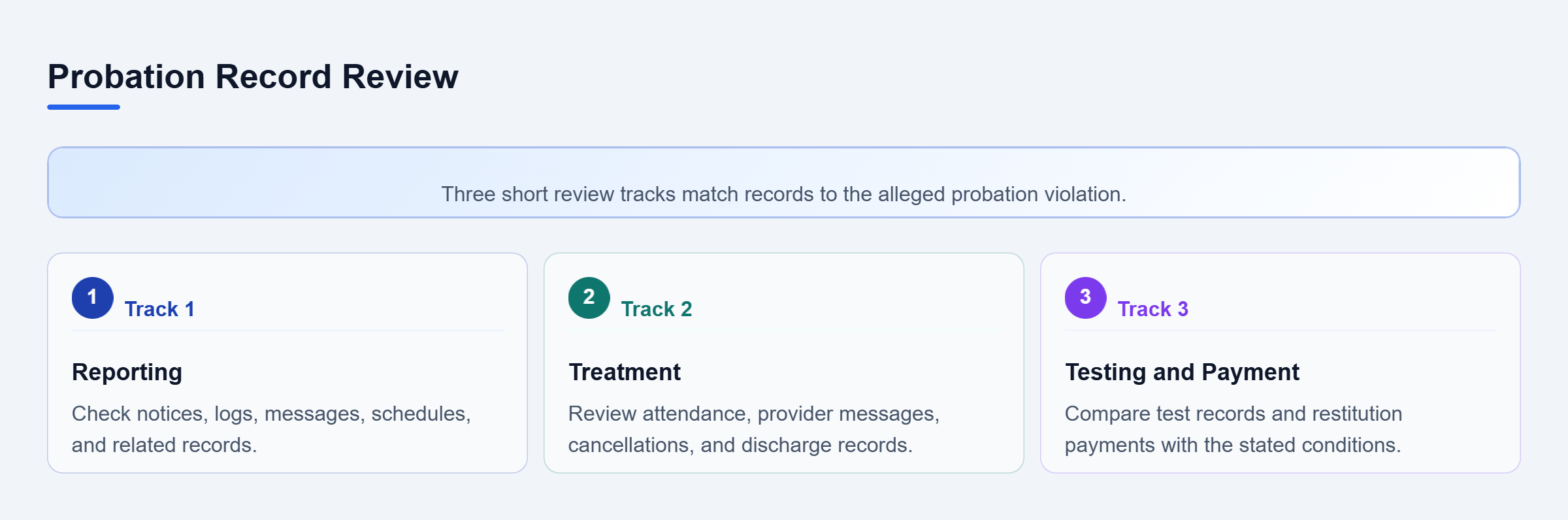 Diagram: Three vertical tracks organize reporting, treatment, testing, and payment records by the alleged violation.