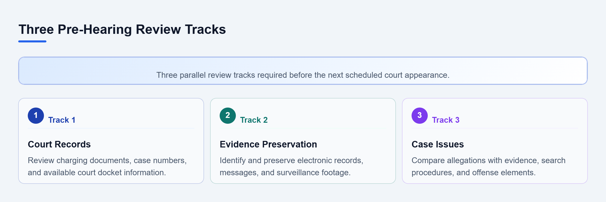 Diagram: Vertical checklist showing three parallel pre-hearing review tracks for court records, evidence preservation, and case issues.