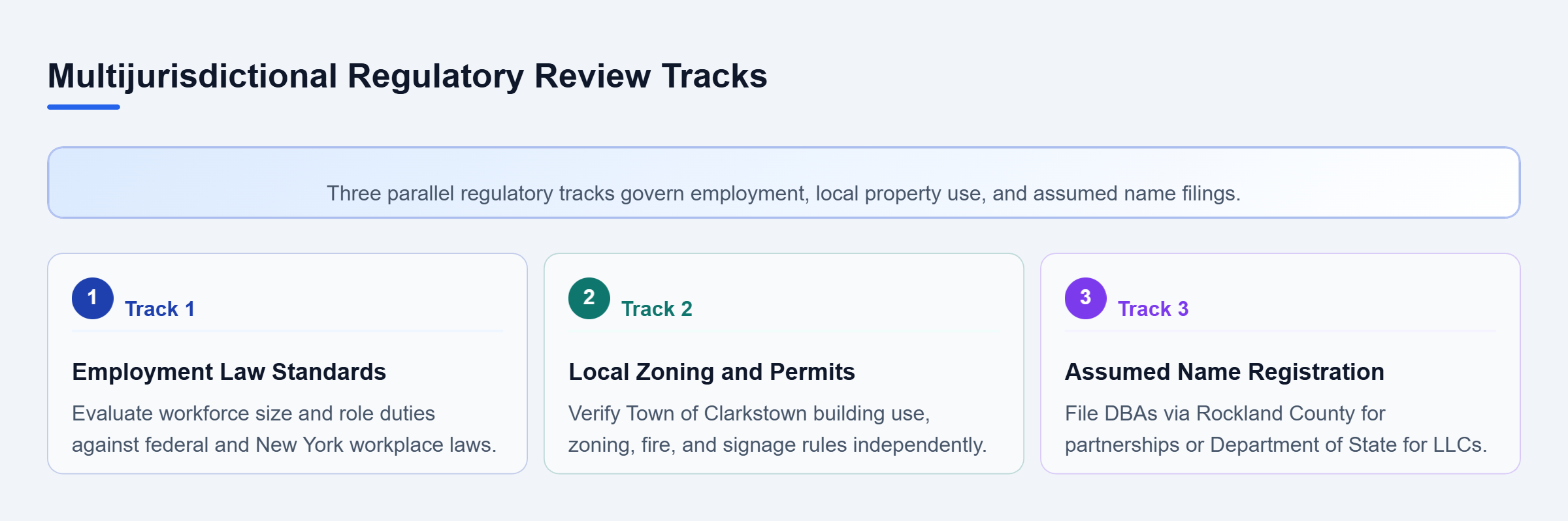 Diagram: Three parallel review tracks separating workplace standards, Clarkstown local zoning and permits, and county versus state assumed name filings.