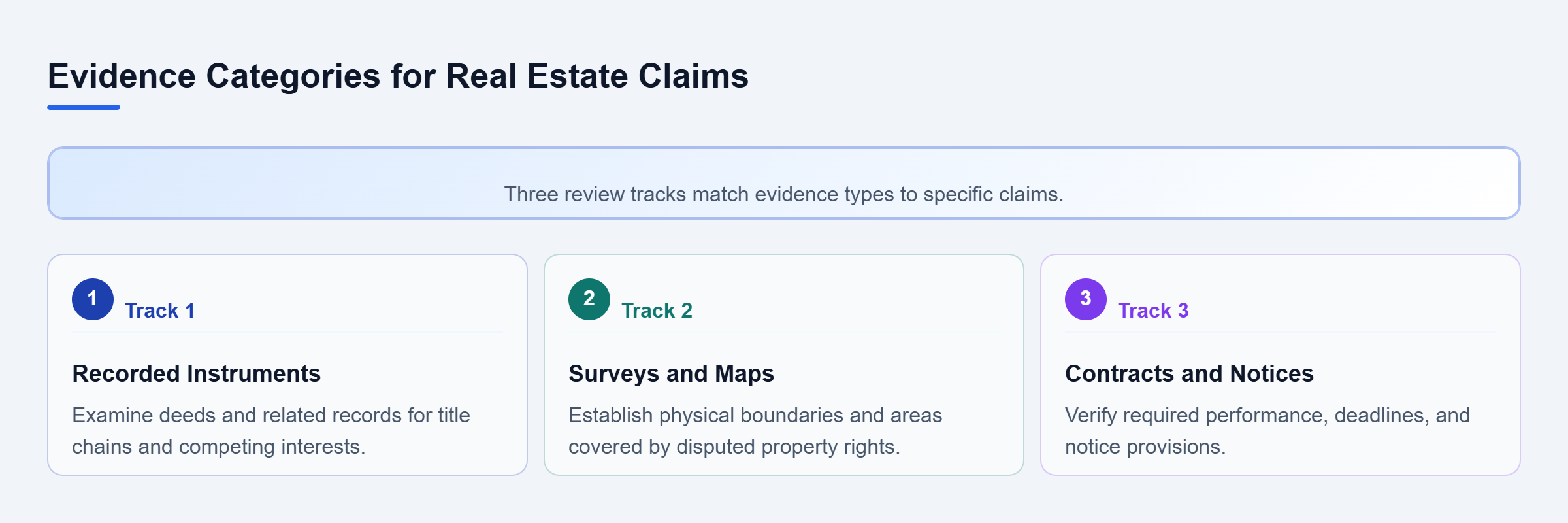 Diagram: Three parallel tracks covering recorded instruments, surveys and maps, and contracts and notices.
