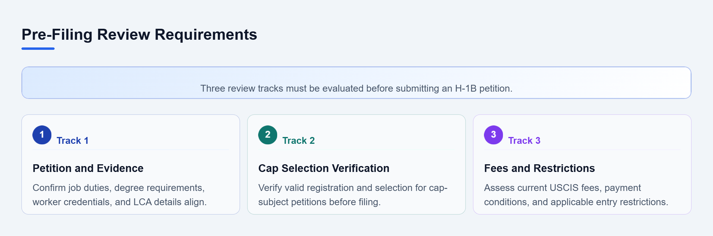 Diagram: A parallel checklist flow detailing three pre-filing review tracks: petition evidence, cap selection, and fees and restrictions.
