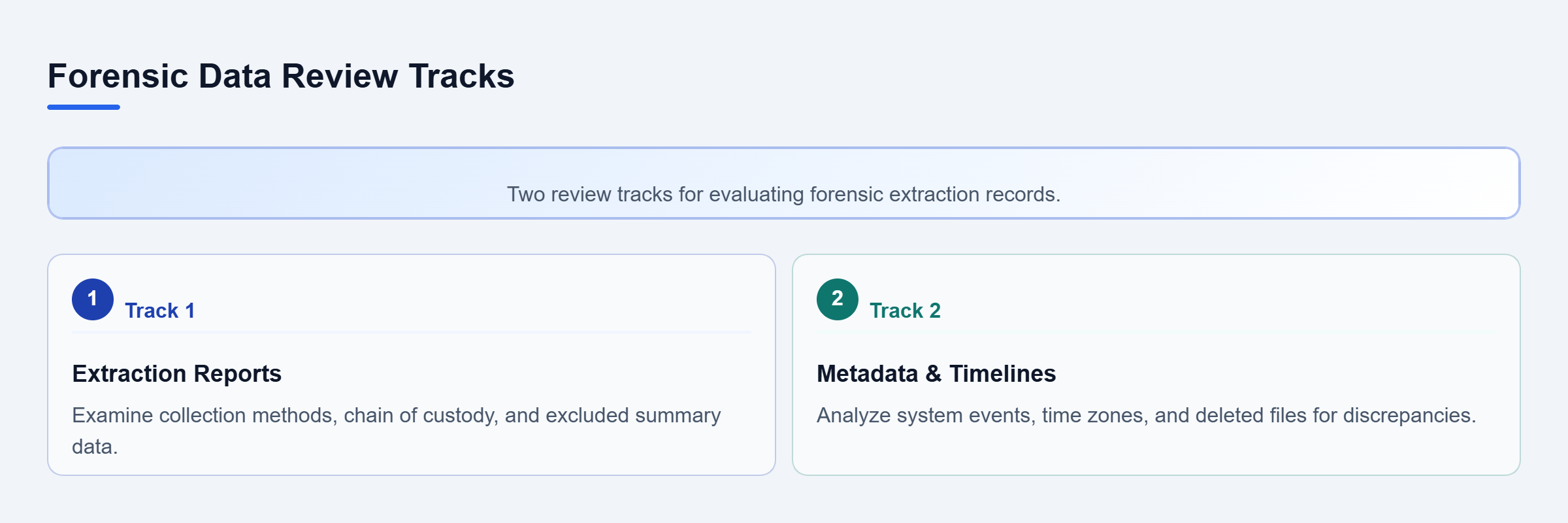 Diagram: Vertical checklist showing extraction reports and metadata timeline review tracks.